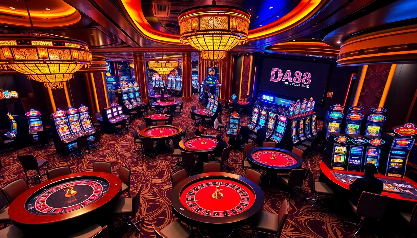 Players enjoying a luxurious casino environment at DA88 with vibrant slot machines and poker tables.