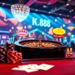 Gamblers engaging with vibrant online betting options at https://uk88.za.com/ showcasing poker chips and roulette.