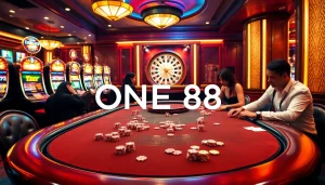 ONE88 players enjoying a luxury casino experience with poker, dice, and roulette.