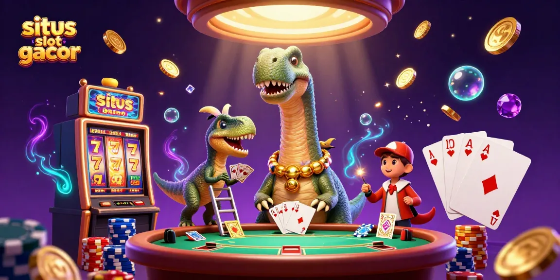 Playing on situs slot gacor with a brontosaurus dealer in a vibrant casino environment