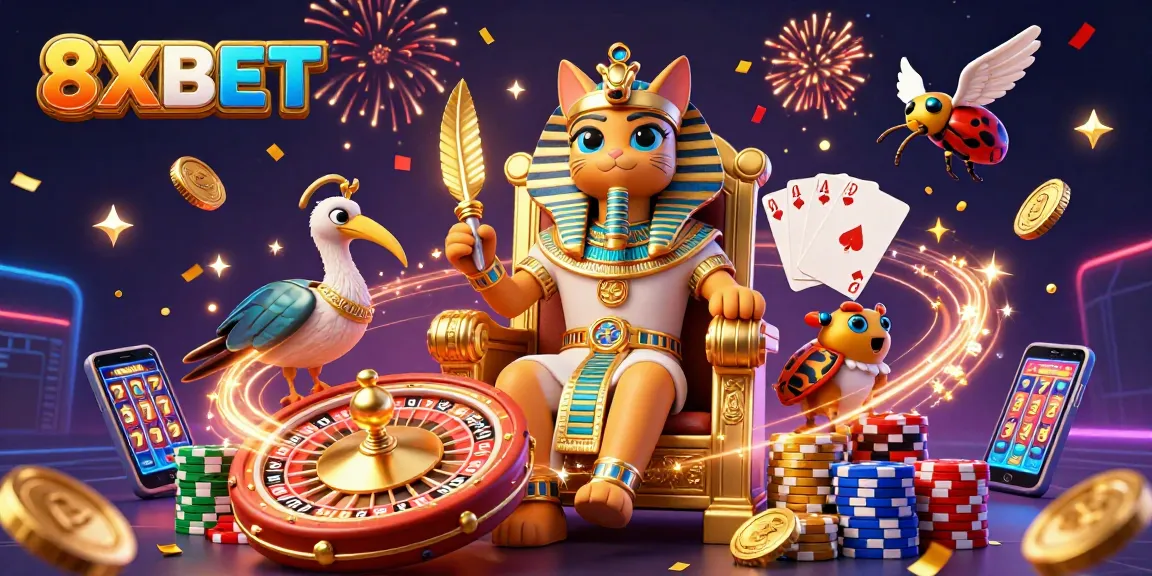 Experience the excitement with 8XBET in this vibrant casino-themed 3D illustration filled with animated gaming elements.