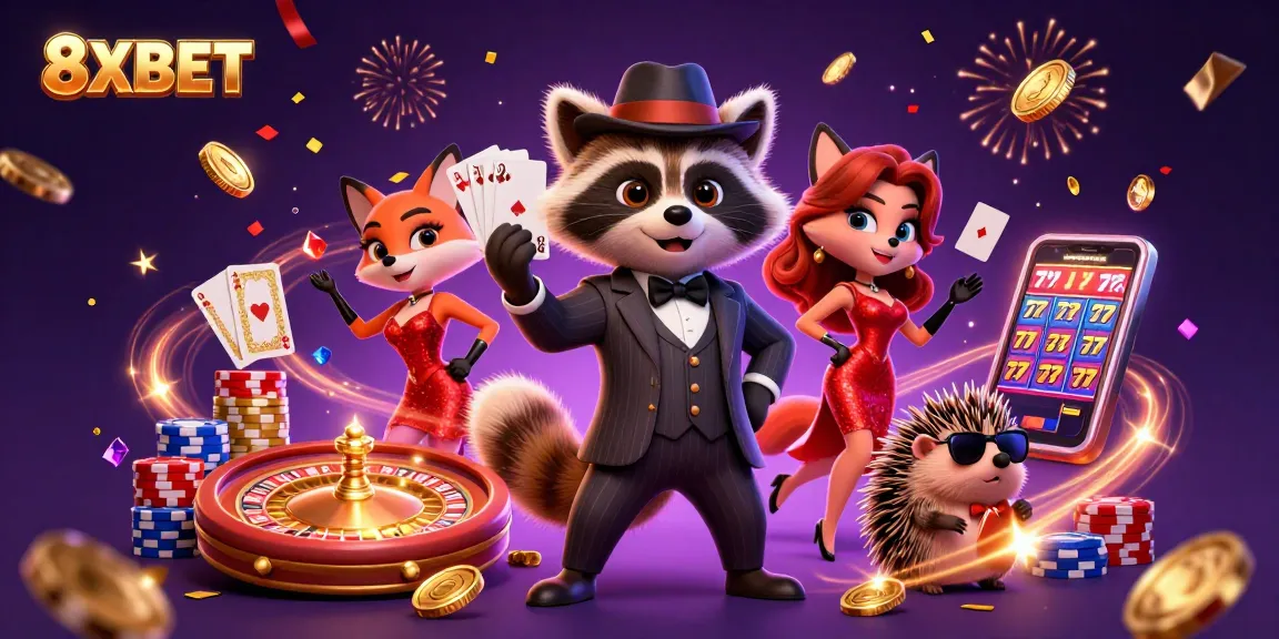Engage in thrilling gaming with 8XBET’s immersive raccoon and fox casino scene.