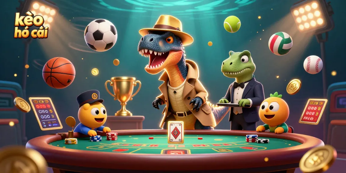 Experience thrilling sports betting action with kèo nhà cái, featuring amusing dinosaur characters in a gambling scene.