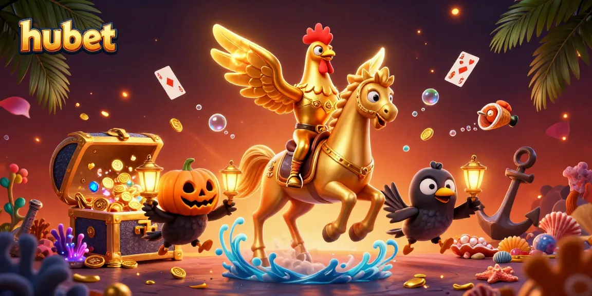 Experience hubet gaming with a golden rooster and crow companions in a vibrant casino scene.