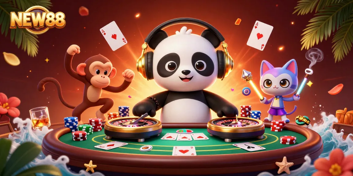 Experience the vibrant energy of NEW88 with a DJ panda, breakdancing monkey, and kitten in a dynamic casino scene.