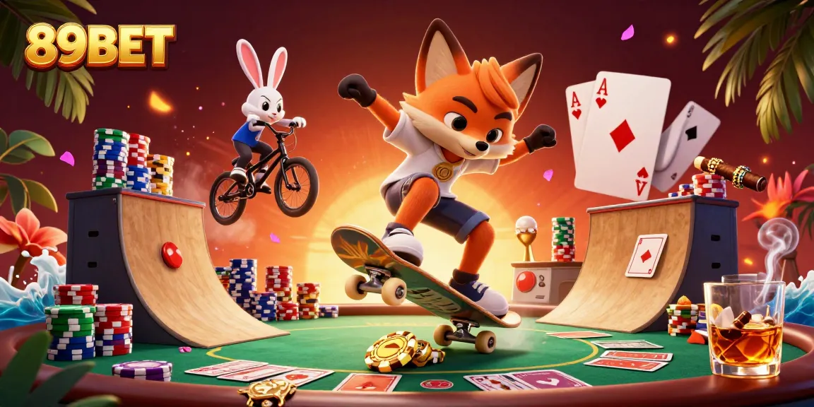 Engage with 89BET through a dynamic 3D scene showcasing a skateboarder fox and BMX rabbit over poker chips, capturing casino excitement.