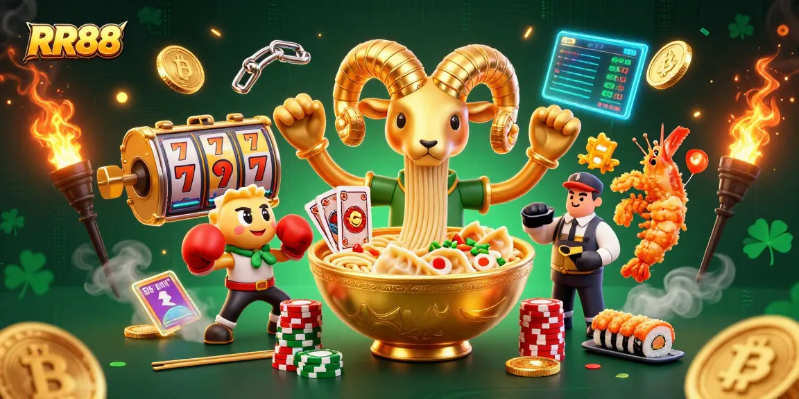 RR88 showcases a vibrant online casino scene with unique characters, slot reels, and crypto elements.