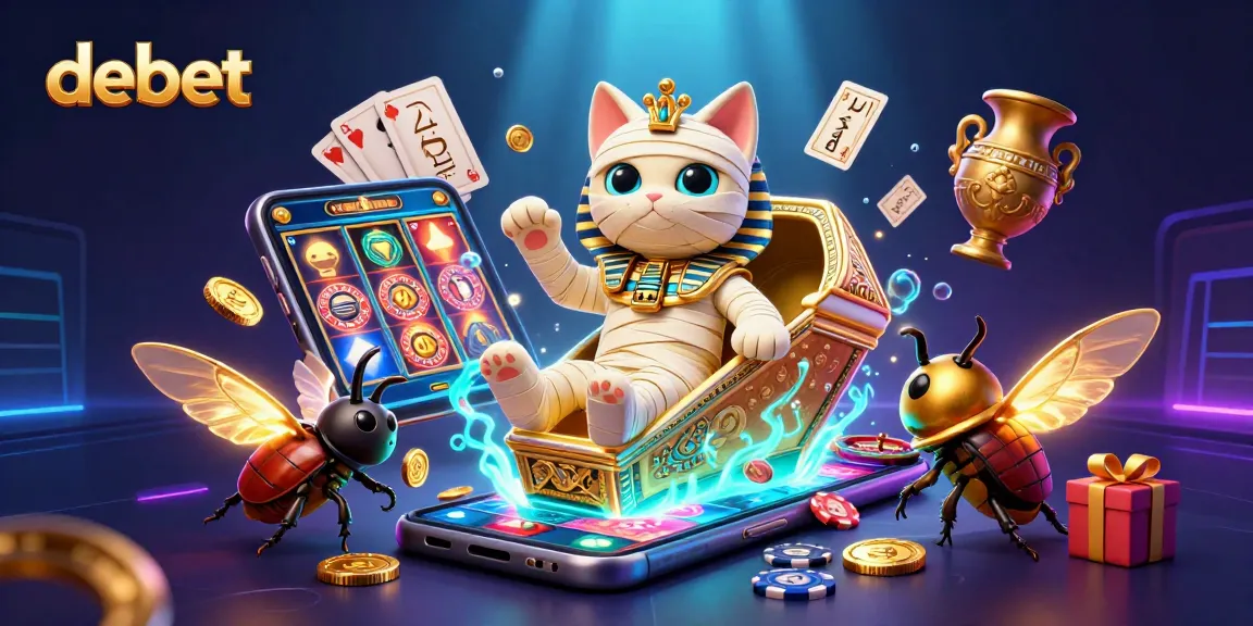 Experience debet with an engaging 3D illustration of a casino scene featuring an Egyptian mummy cat and dynamic gaming elements.