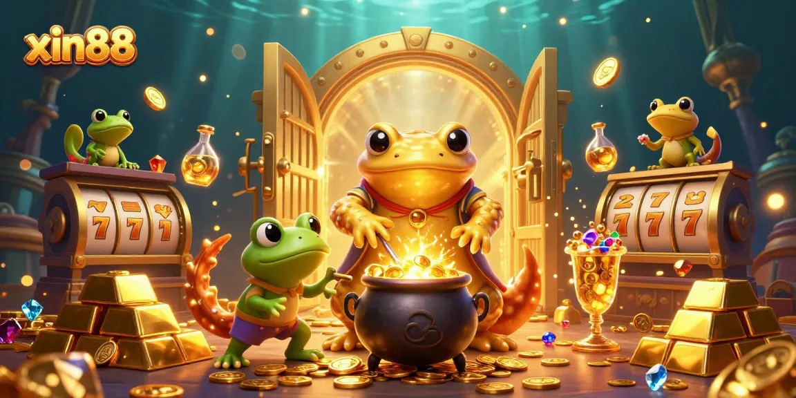 Engage with xin88's vibrant slot game scene featuring a golden salamander alchemist and dynamic treasures.