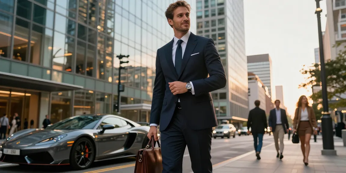Stylish man showcasing a sophisticated replica watch in an urban luxury setting, exuding confidence and elegance.