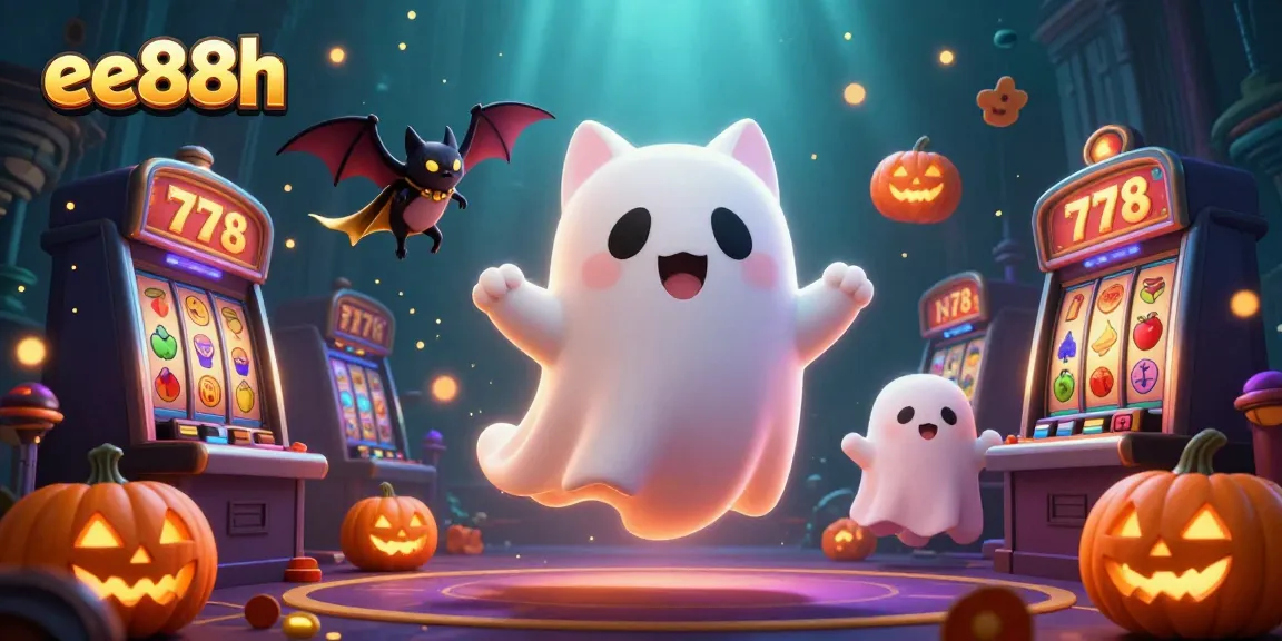 Chase jackpots with ee88h in a haunted casino scene featuring ghostly characters and vibrant slot elements.