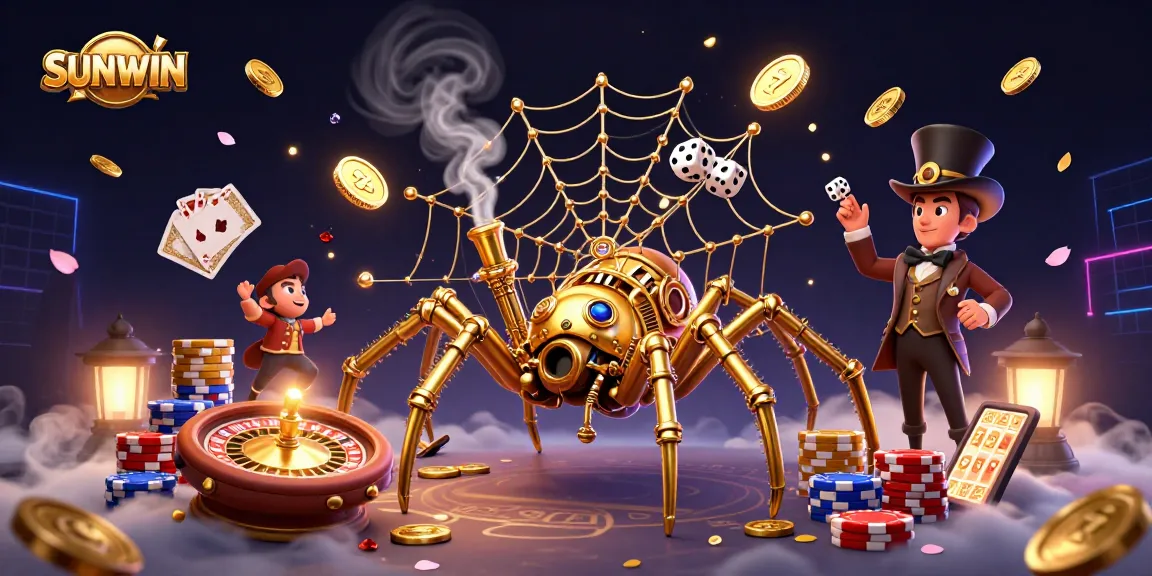 SUNWIN emphasizes thrilling gaming with a steampunk spider, dynamic roulette, and rich details.
