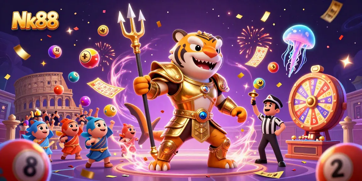 Nk88 uncovers thrilling underwater adventures with a shark gladiator and lucky lottery elements.