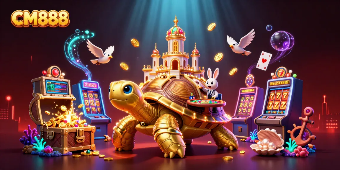 Catch the excitement with CM888 at a vibrant casino scene featuring a golden tortoise and a rabbit dealer.