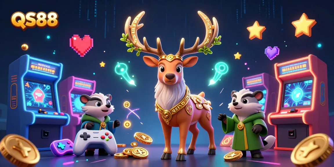 Engage in the dynamic world of QS88 with a captivating 3D casino illustration full of vibrant game elements.