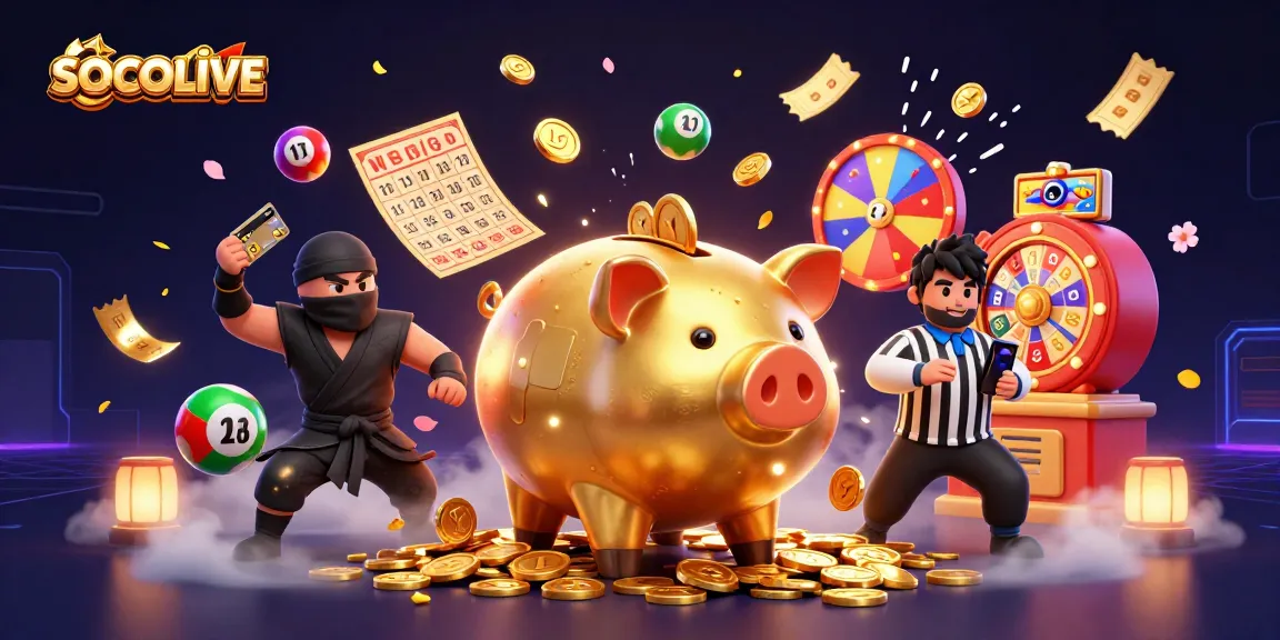 SOCOLIVE features a vibrant 3D scene with a golden piggy bank wrestler, dynamic coin effect, and colorful gambling elements.