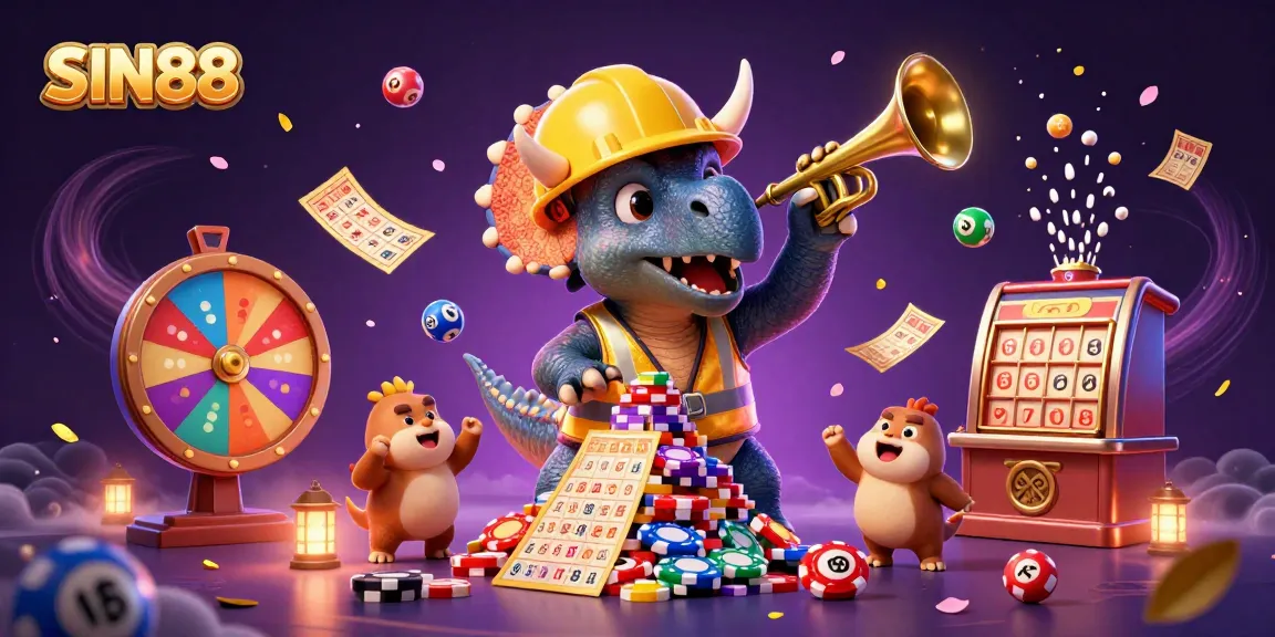 SIN88 brings the excitement of gambling to life, with a vibrant triceratops celebrating a winning scene.