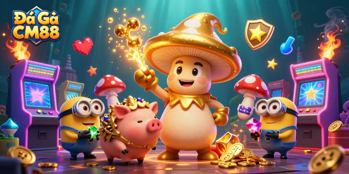 Engage in Đá Gà CM88 with a vibrant 3D scene featuring a wizard and treasure-seeking pig amidst glowing arcade elements.