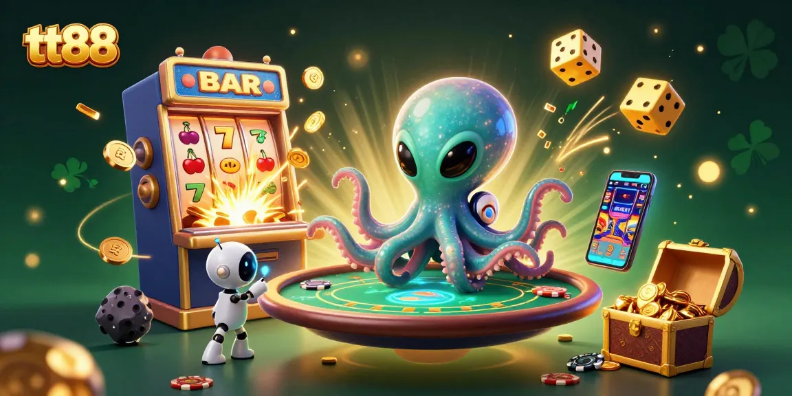 Experience thrilling gameplay at tt88 with an alien octopus operating a holographic poker table amidst a vibrant casino scene.