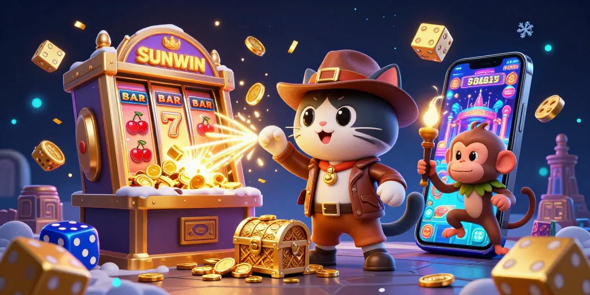 SUNWIN showcases a vibrant 3D casino scene with a cat archaeologist discovering treasures amidst exploding jackpots.