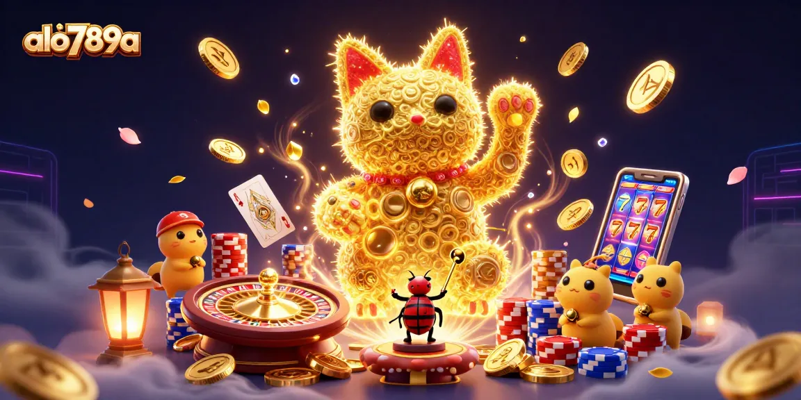 Alo789a showcases a vibrant online casino scene with dazzling elements and a lucky cat motif.