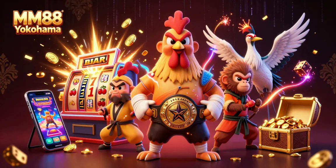 Experience thrilling gameplay at MM88 Yokohama with vibrant characters, dynamic slot machines, and casino elements.