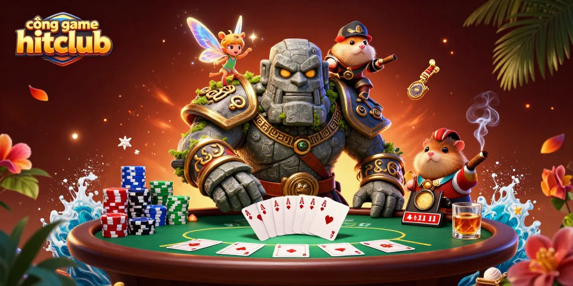 Engage with cổng game hitclub in this vibrant, dynamic casino illustration, featuring magical characters and casino elements.