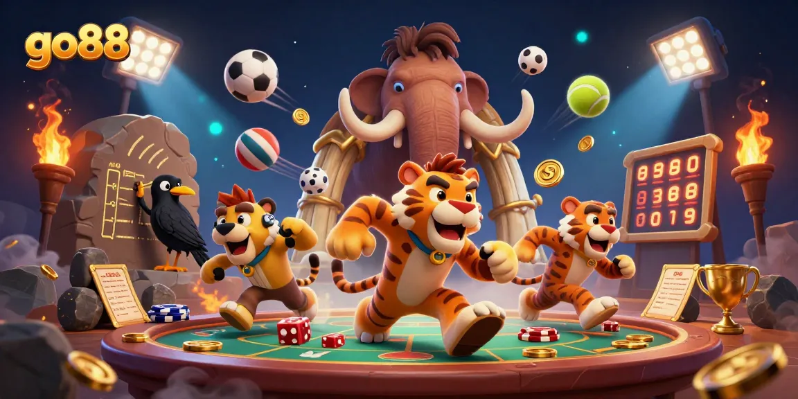 go88 showcases a vibrant prehistoric casino scene with dynamic sports betting elements and a clever crow companion.