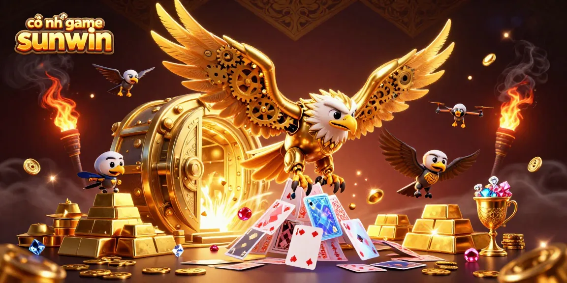 Experience thrilling action in the cổng game sunwin with vibrant 3D illustration featuring cybernetic eagle amidst treasures.