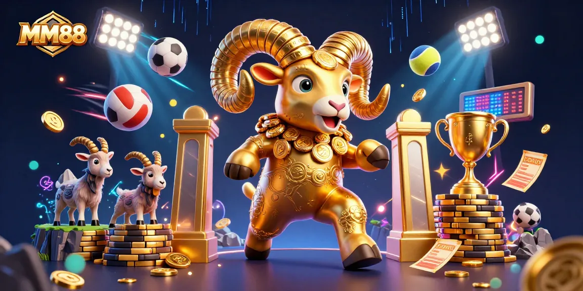 Experience thrilling wins with MM88, featuring a golden ram amidst dynamic sports betting action.