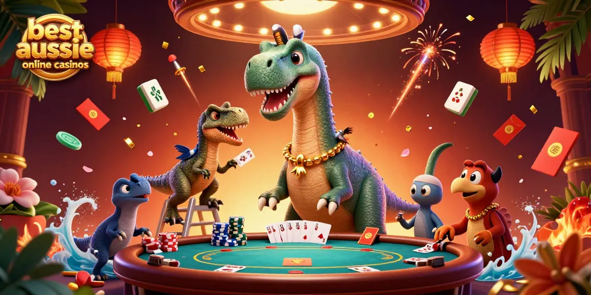 Experience the excitement at best aussie online casinos with a vibrant casino scene featuring a brontosaurus and raptor.