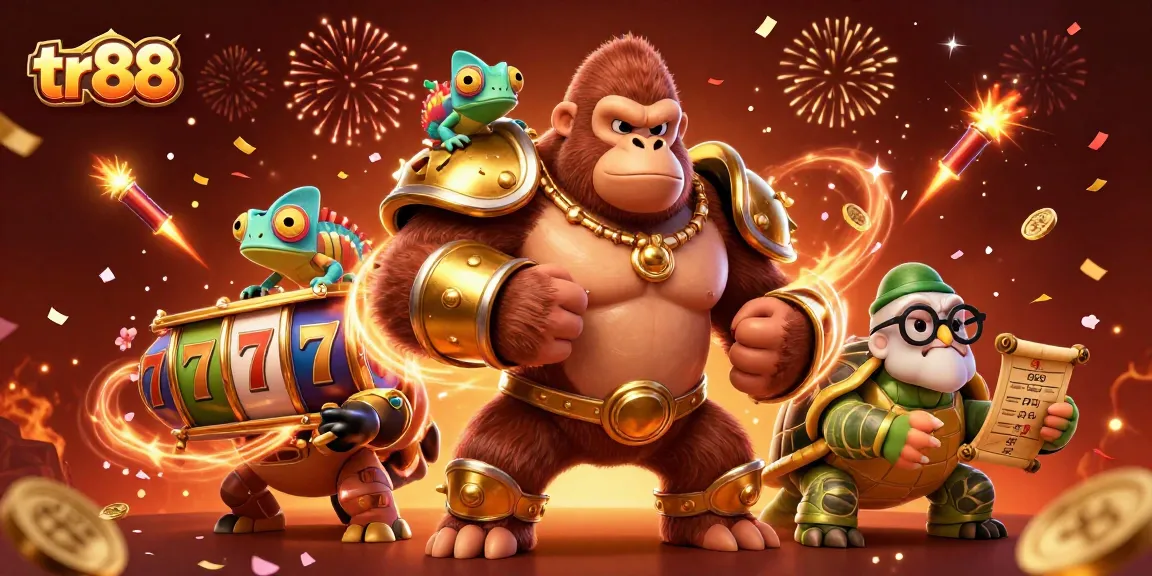 Experience the vibrancy of tr88 with a dynamic 3D scene featuring a powerful gorilla and gaming elements.