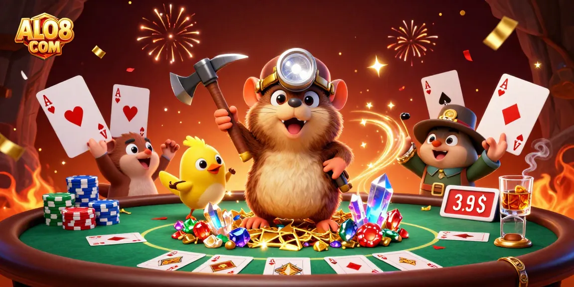 Experience thrilling action at ALO8 COM with a vibrant scene featuring a treasure hunter, poker elements, and celebratory effects.
