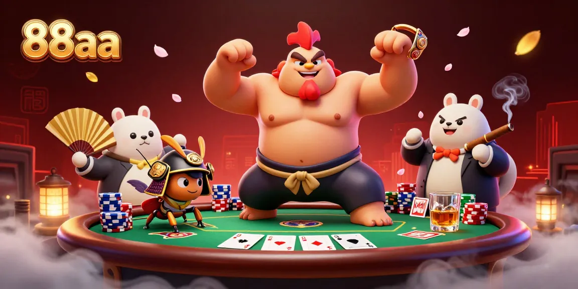 88aa showcases a lively 3D cartoon casino scene with a sumo wrestler rooster, samurai cricket, and tanuki announcer.