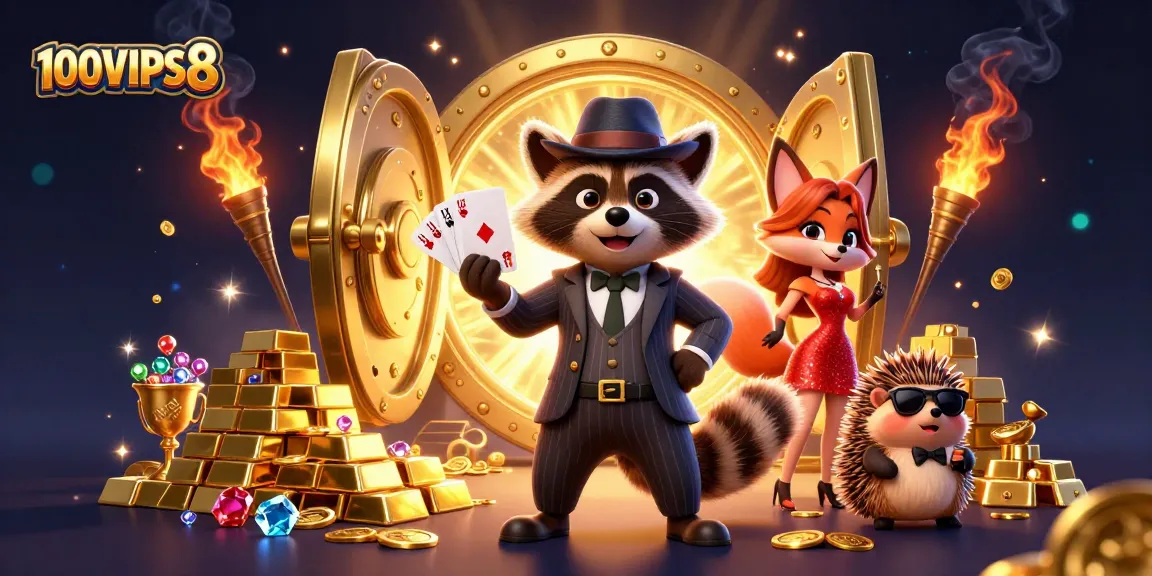 Experience thrilling wins at 100VIPS8 as a suave raccoon holds a royal flush amidst dazzling casino treasures.