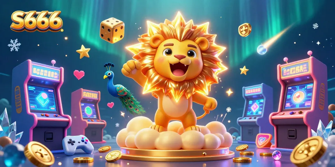 S666 captures thrilling casino energy with a roaring lion, golden dice, and vibrant game elements.