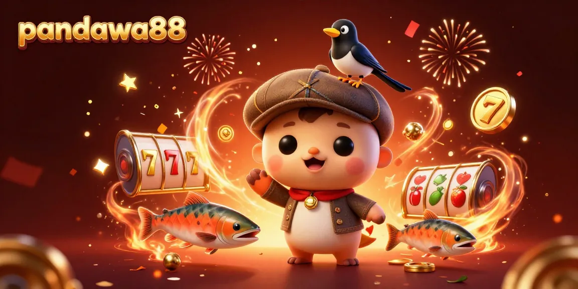 PANDawa88 showcases a vibrant 3D illustration with slot elements and magical characters for gaming enthusiasts.